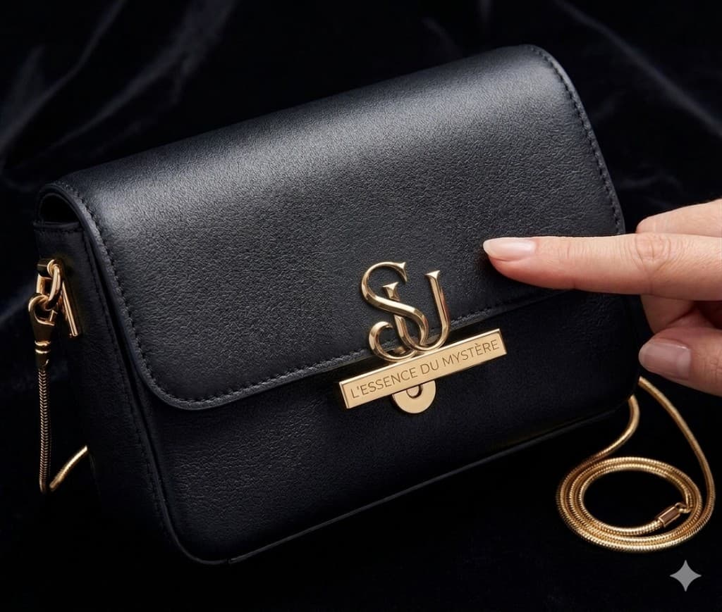 SU Noir Mystère black leather handbag with gold hardware
